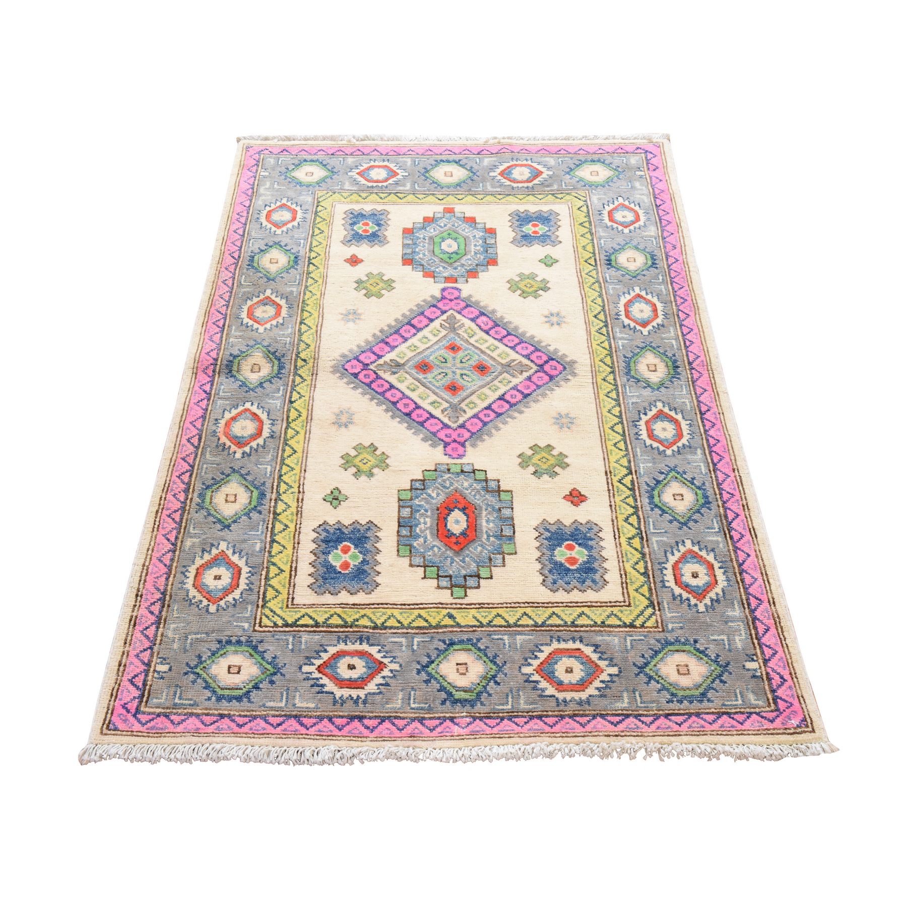 3'1"x4'9" Parchment White, Colorful Fusion Kazak with Geometric Design, Hand Knotted, Pure Wool, Oriental Rug 